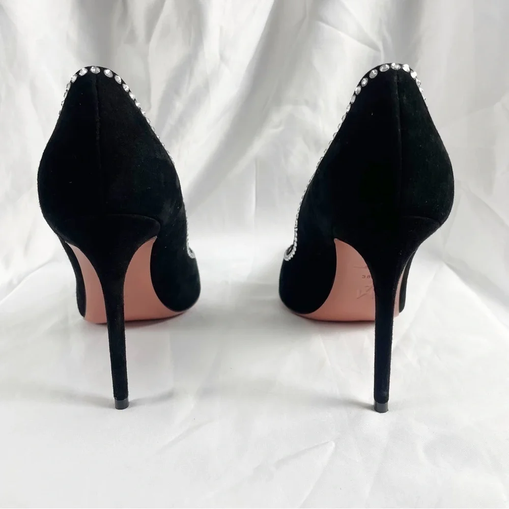Amina Muaddi Romy Crystal Suede Leather Pointed Toe Pumps EU 38.5 US 8.5 Black